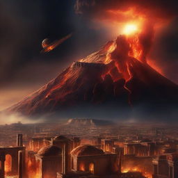 A powerful digital art image depicts the ancient city of Pompeii being punished by a meteor shower sent by Allah