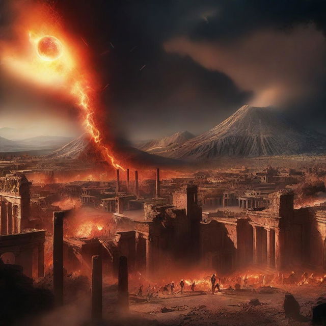 A powerful digital art image depicts the ancient city of Pompeii being punished by a meteor shower sent by Allah