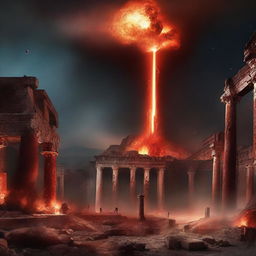 A powerful digital art image depicts the ancient city of Pompeii being punished by a meteor shower sent by Allah