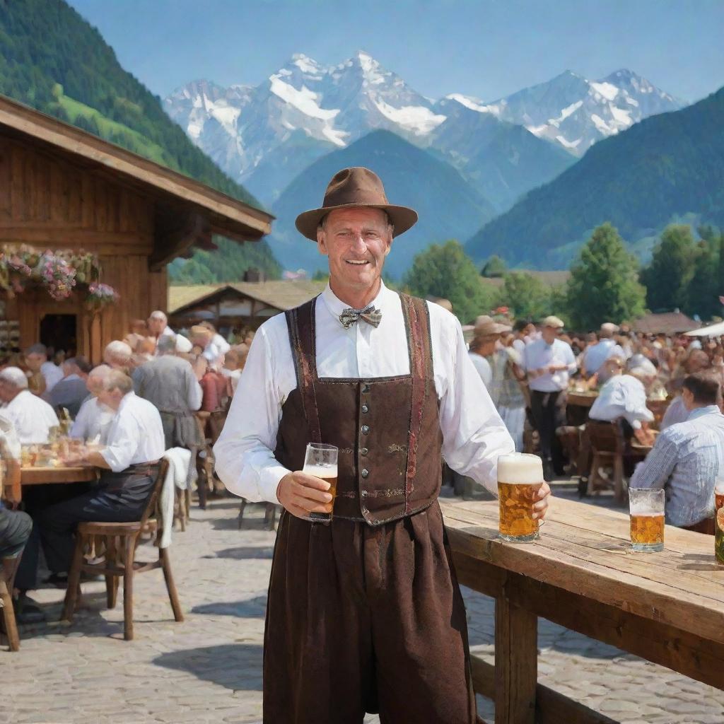 Maximize the German authenticity in the previous image, picturing a quintessential German scene with the man in full traditional garb, in a busy beer garden set against a backdrop of the Alps