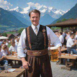 Maximize the German authenticity in the previous image, picturing a quintessential German scene with the man in full traditional garb, in a busy beer garden set against a backdrop of the Alps