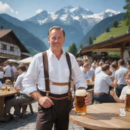 Maximize the German authenticity in the previous image, picturing a quintessential German scene with the man in full traditional garb, in a busy beer garden set against a backdrop of the Alps