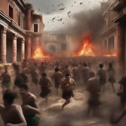 An intense digital art image depicts the moment when all the citizens of Pompeii are seen running in panic