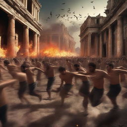 An intense digital art image depicts the moment when all the citizens of Pompeii are seen running in panic