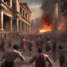 An intense digital art image depicts the moment when all the citizens of Pompeii are seen running in panic