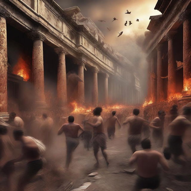 An intense digital art image depicts the moment when all the citizens of Pompeii are seen running in panic