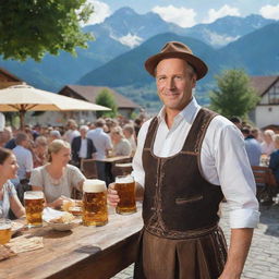 Maximize the German authenticity in the previous image, picturing a quintessential German scene with the man in full traditional garb, in a busy beer garden set against a backdrop of the Alps