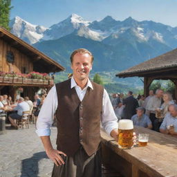 Maximize the German authenticity in the previous image, picturing a quintessential German scene with the man in full traditional garb, in a busy beer garden set against a backdrop of the Alps