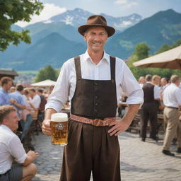 Maximize the German authenticity in the previous image, picturing a quintessential German scene with the man in full traditional garb, in a busy beer garden set against a backdrop of the Alps