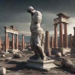 The digital art image now shifts to a post-disaster scene in Pompeii