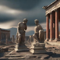 The digital art image now shifts to a post-disaster scene in Pompeii