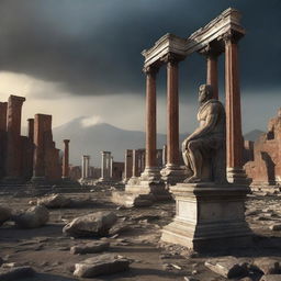 The digital art image now shifts to a post-disaster scene in Pompeii