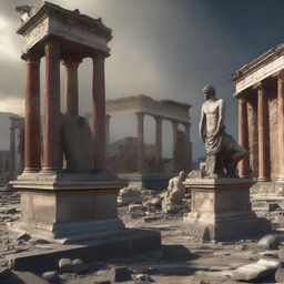 The digital art image now shifts to a post-disaster scene in Pompeii