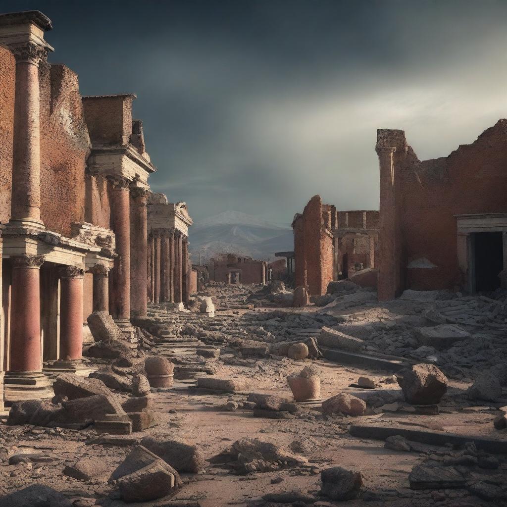 A somber digital art image captures the aftermath of the disaster in Pompeii