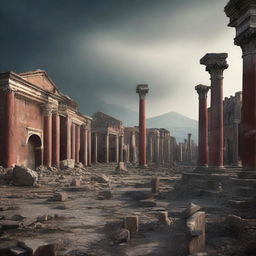 A somber digital art image captures the aftermath of the disaster in Pompeii