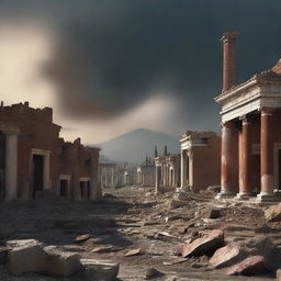 A somber digital art image captures the aftermath of the disaster in Pompeii