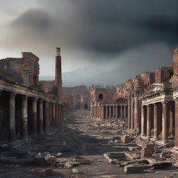 A somber digital art image captures the aftermath of the disaster in Pompeii