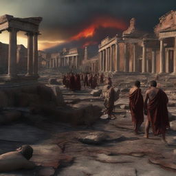 A dramatic digital art scene depicts the tragic end of the citizens of Pompeii