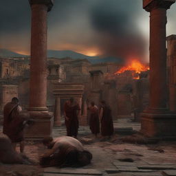 A dramatic digital art scene depicts the tragic end of the citizens of Pompeii