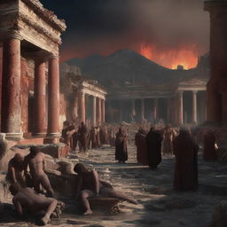 A dramatic digital art scene depicts the tragic end of the citizens of Pompeii