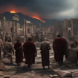 A dramatic digital art scene depicts the tragic end of the citizens of Pompeii