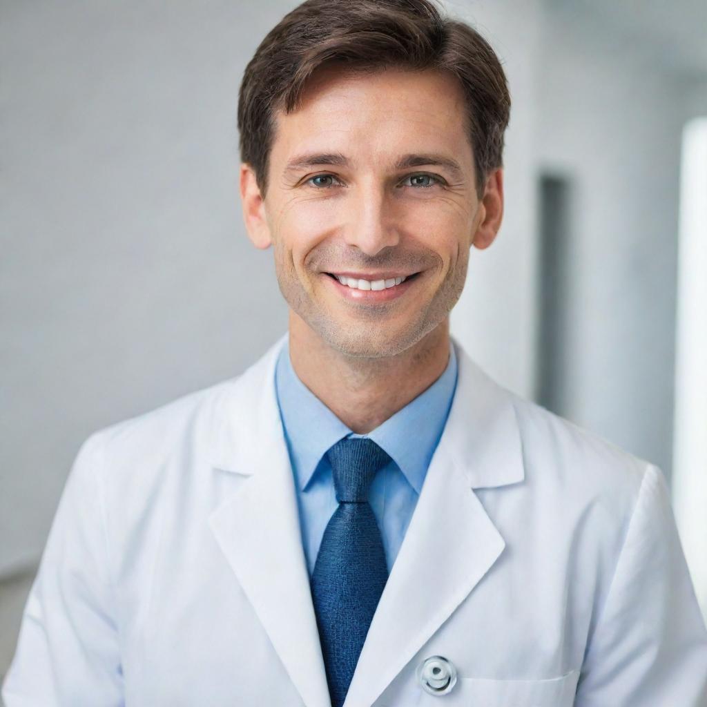 An image of an attractive male doctor dressed in white, with soft, kind eyes, a charming smile, and professional demeanor