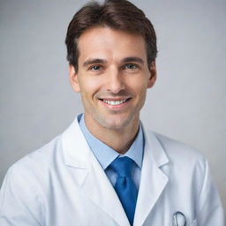 An image of an attractive male doctor dressed in white, with soft, kind eyes, a charming smile, and professional demeanor