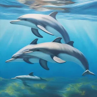 The artist beautifully captured the graceful movements of a pod of dolphins in their masterpiece painting.
