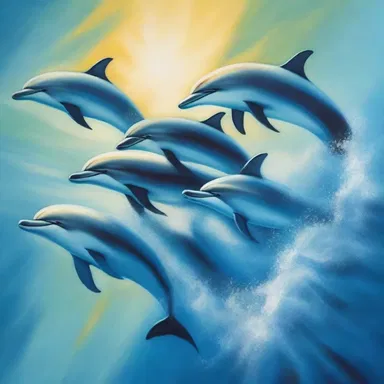 The artist beautifully captured the graceful movements of a pod of dolphins in their masterpiece painting.