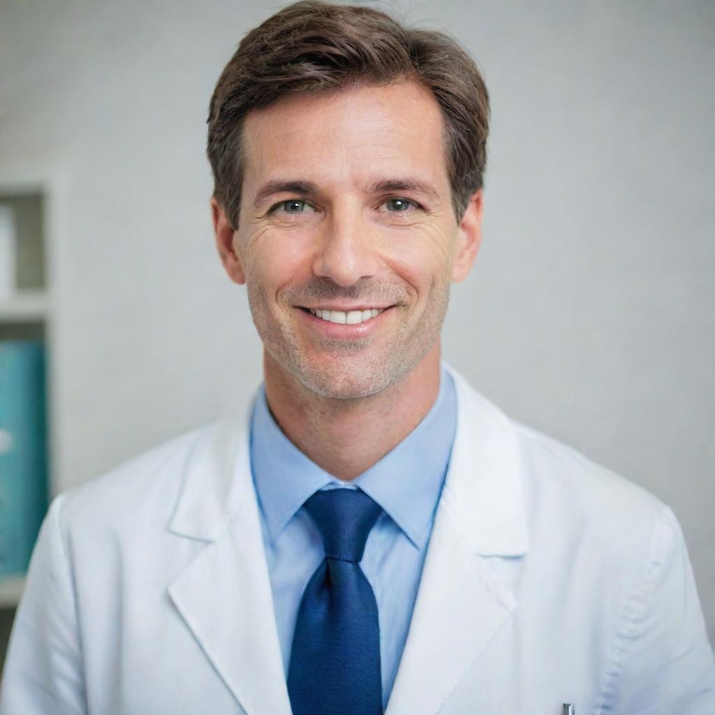 An image of an attractive male doctor dressed in white, with soft, kind eyes, a charming smile, and professional demeanor