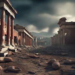 A haunting digital art image portrays the aftermath in Pompeii, with the city in ruins and the bodies of the citizens scattered about