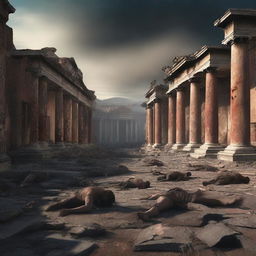 A haunting digital art image portrays the aftermath in Pompeii, with the city in ruins and the bodies of the citizens scattered about