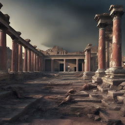 A haunting digital art image portrays the aftermath in Pompeii, with the city in ruins and the bodies of the citizens scattered about