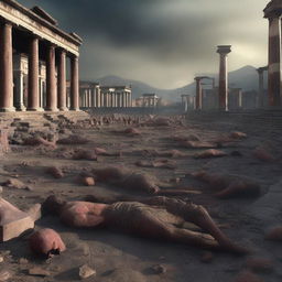 A haunting digital art image portrays the aftermath in Pompeii, with the city in ruins and the bodies of the citizens scattered about