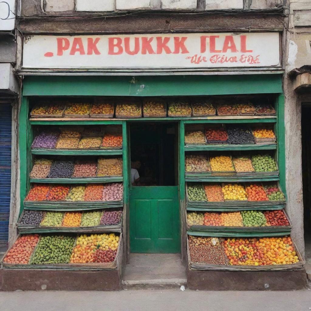 A storefront of a traditional Pakistani grocery named 'Pak Bukhari Feed', complete with vibrant fruits, vegetables, and staple goods in the display.