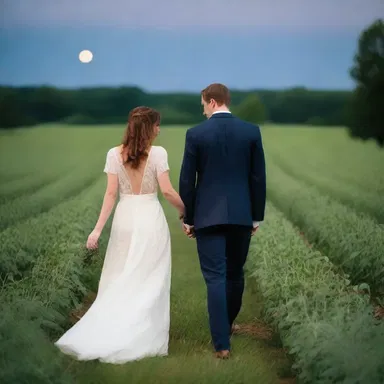 In the moonlight, the couple walked hand in hand through the field where the pea plants were podding, creating a picturesque and intimate atmosphere.