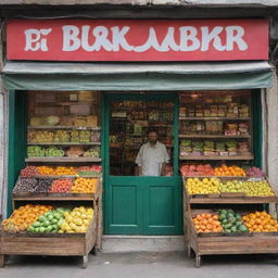 A storefront of a traditional Pakistani grocery named 'Pak Bukhari Feed', complete with vibrant fruits, vegetables, and staple goods in the display.