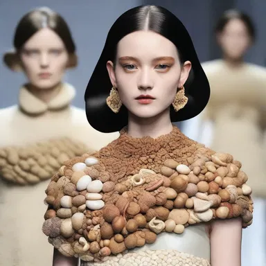 The fashion designer incorporated the trend of podding accessories, using various seeds and shells to adorn garments.