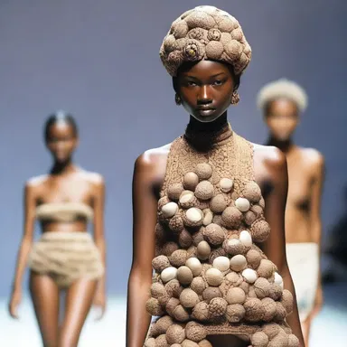 The fashion designer incorporated the trend of podding accessories, using various seeds and shells to adorn garments.