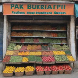 A storefront of a traditional Pakistani grocery named 'Pak Bukhari Feed', complete with vibrant fruits, vegetables, and staple goods in the display.