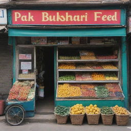 A storefront of a traditional Pakistani grocery named 'Pak Bukhari Feed', complete with vibrant fruits, vegetables, and staple goods in the display.