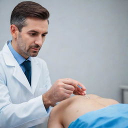 Modify the previous image to showcase the handsome doctor preparing an injection, displaying skill and assurance in his actions