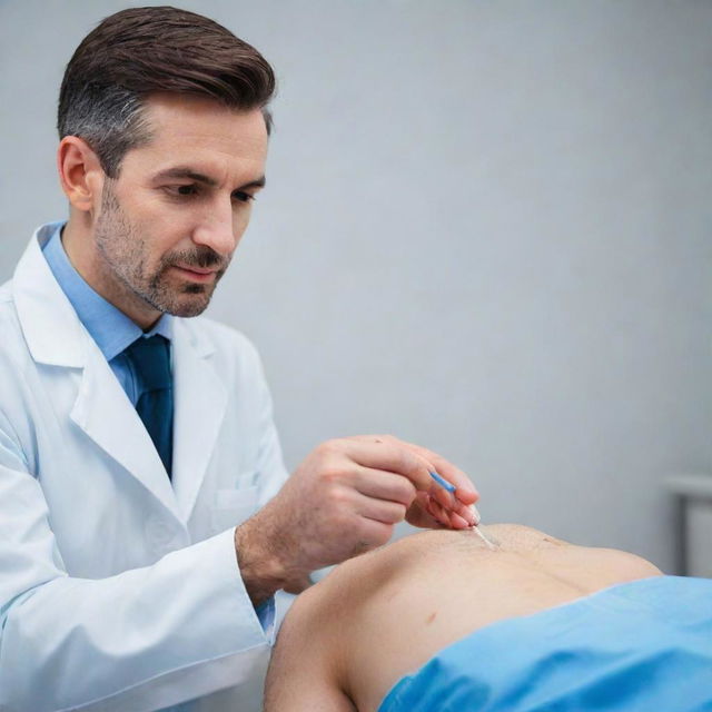 Modify the previous image to showcase the handsome doctor preparing an injection, displaying skill and assurance in his actions