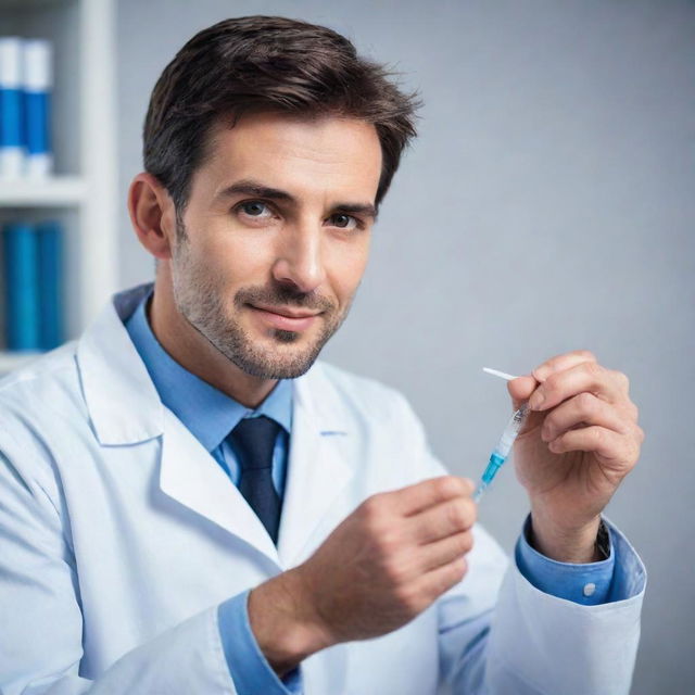 Modify the previous image to showcase the handsome doctor preparing an injection, displaying skill and assurance in his actions