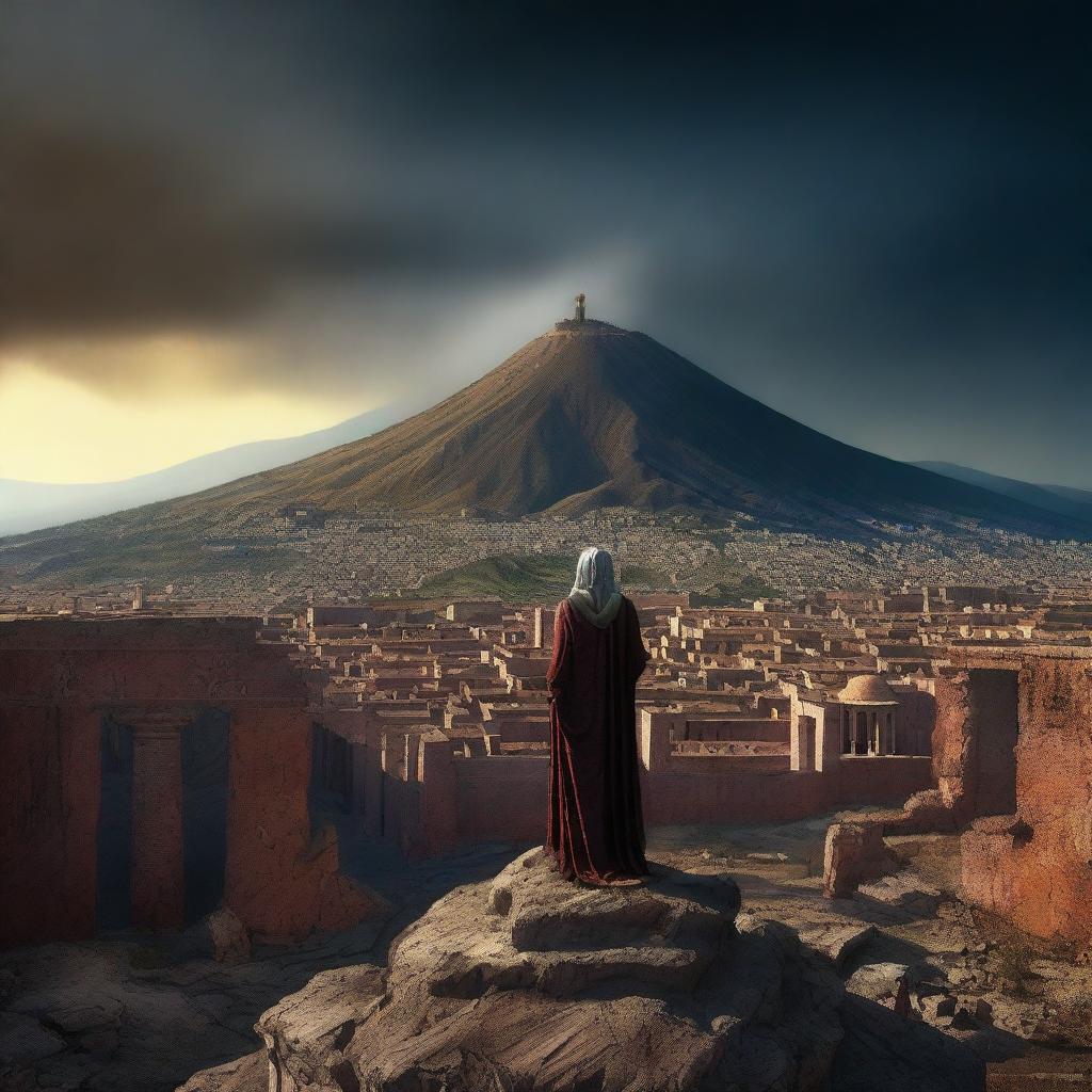 A high-resolution digital art piece captures the scene where the wife of Prophet Luth stands transformed into a statue on a mountain north of the city of Pompeii