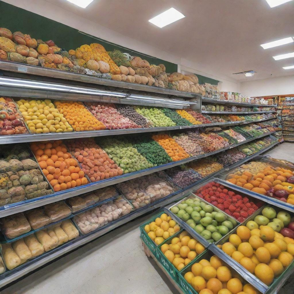 A detailed view of 'Pak Bukhari Feed', an authentic Pakistani grocery store, showcasing an array of colorful fruits, vegetables, and other daily essentials.