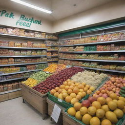 A detailed view of 'Pak Bukhari Feed', an authentic Pakistani grocery store, showcasing an array of colorful fruits, vegetables, and other daily essentials.