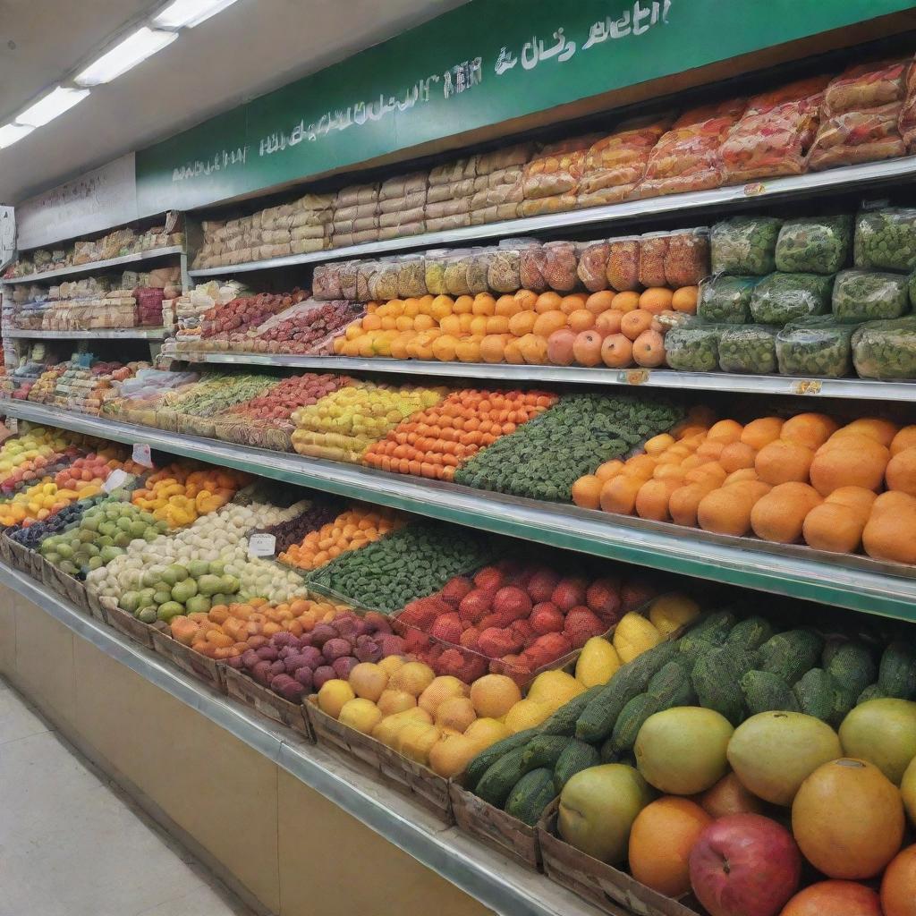 A detailed view of 'Pak Bukhari Feed', an authentic Pakistani grocery store, showcasing an array of colorful fruits, vegetables, and other daily essentials.