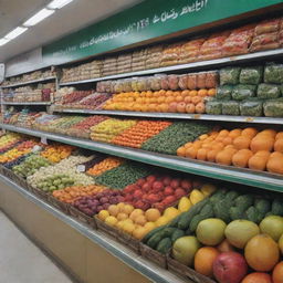 A detailed view of 'Pak Bukhari Feed', an authentic Pakistani grocery store, showcasing an array of colorful fruits, vegetables, and other daily essentials.