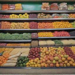 A detailed view of 'Pak Bukhari Feed', an authentic Pakistani grocery store, showcasing an array of colorful fruits, vegetables, and other daily essentials.